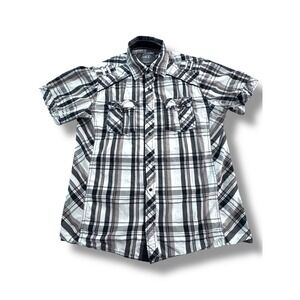 BKE Athletic‎ Fit Mens Plaid Snap Button Up Short Sleeve Shirt Black Gray White